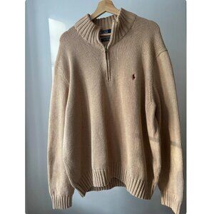 1990s Ralph Lauren Heavy Cotton Quarter Zip | Vintage TanKnitted Polo Sweater